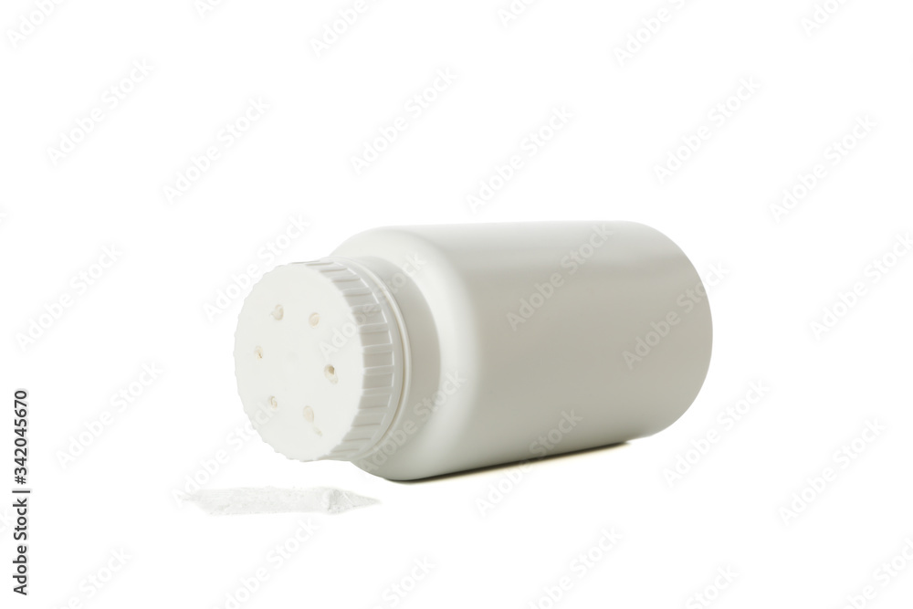 Blank bottle of talcum powder isolated on white background Blank bottle of talcum powder isolated on white background