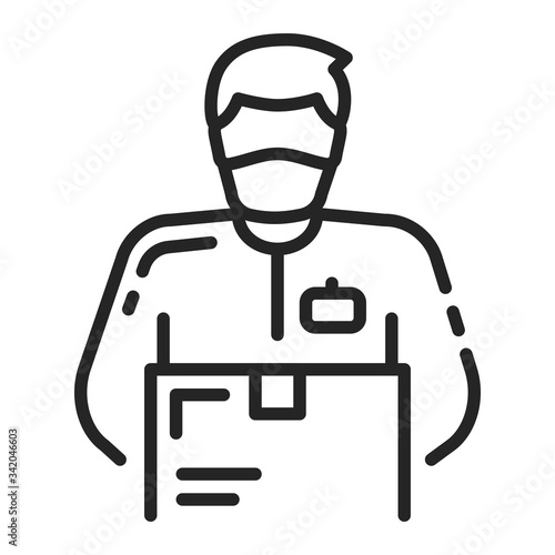 Courier man with box black line icon. Home delivery. Quarantine, Stay at home. Prevention epidemic. Pictogram for web page, mobile app, promo. Editable stroke.