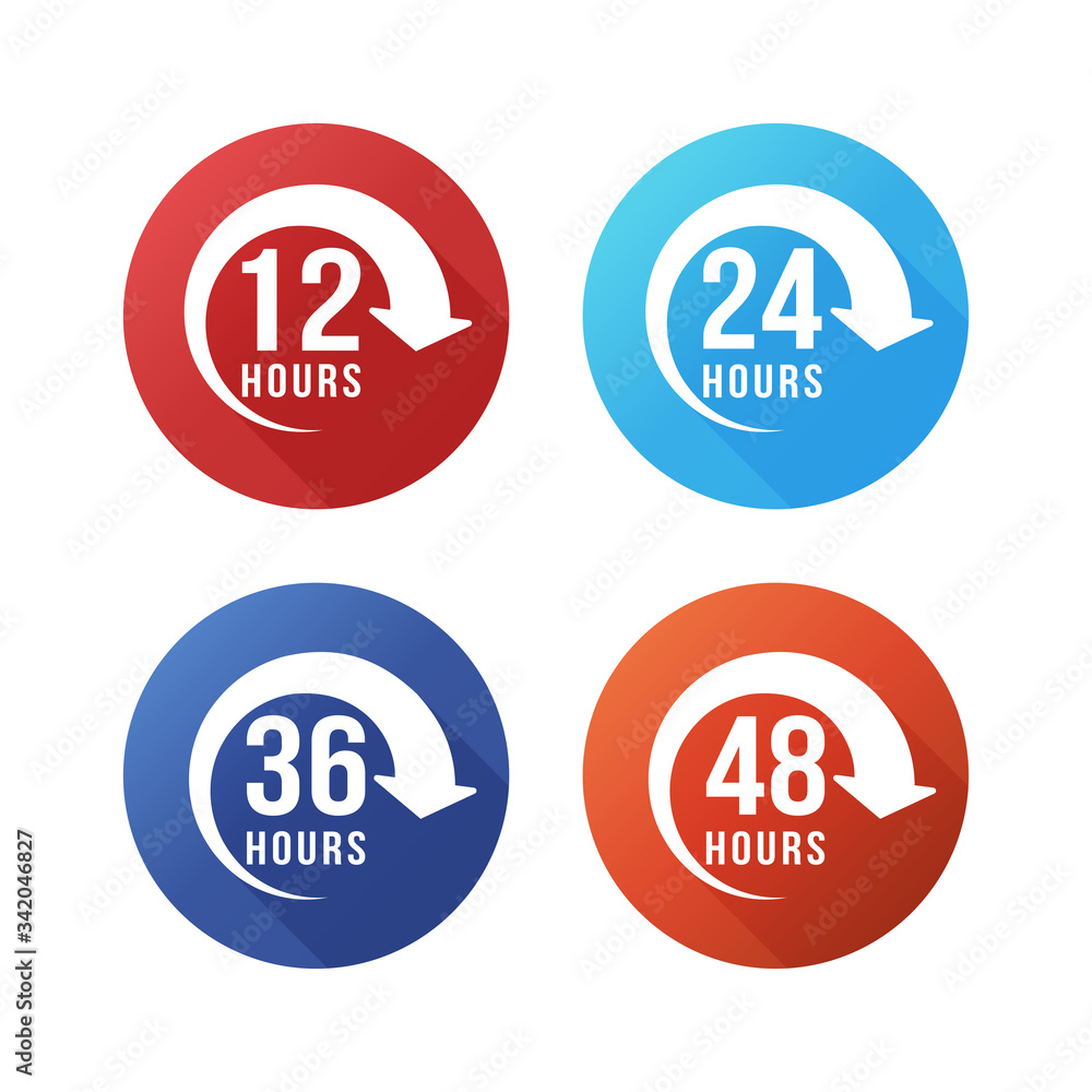 12, 24, 48 and 72 hours clock arrow vector icons. Delivery service, online deal remaining time web site symbols