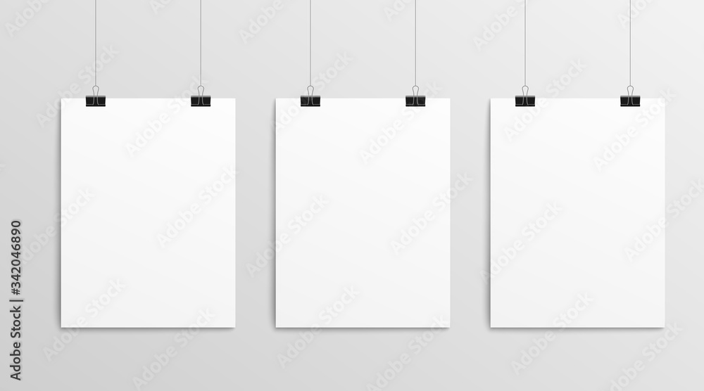 Hanging paper posters - realistic blank template of three white sheets Hanging paper posters - realistic blank template of three white sheets