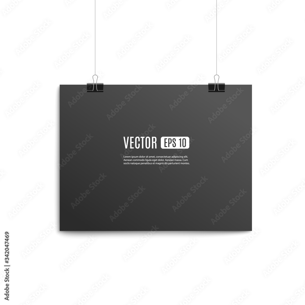 Black poster board hanging on wall realistic mockup vector illustration