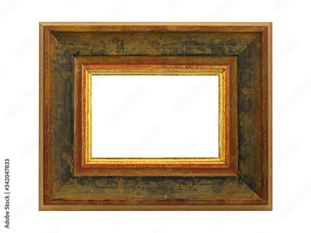 Wooden frame for paintings with gold patina. Isolated on white Wooden frame for paintings with gold patina. Isolated on white