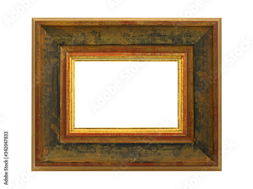 Wooden frame for paintings with gold patina. Isolated on white