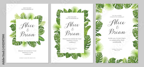 Wedding invitations set. Cards with tropical green leaves design. Floral border. Vector illustration.
