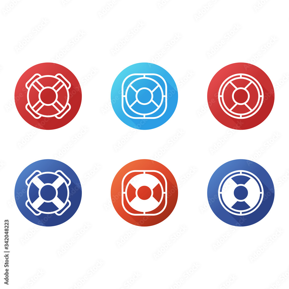 Lifebuoy icons set, equipment of rescuers to save drowning people, vector graphic deign element for business and holiday illustration. Lifebuoy icons set, equipment of rescuers to save drowning people, vector graphic deign element for business and holiday illustration.