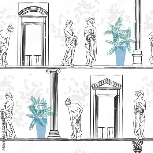 Vector greek statues seamless pattern with classic architecture. Ancient sculpture of goddess: Diana, Athena, Venus. Spa interior.