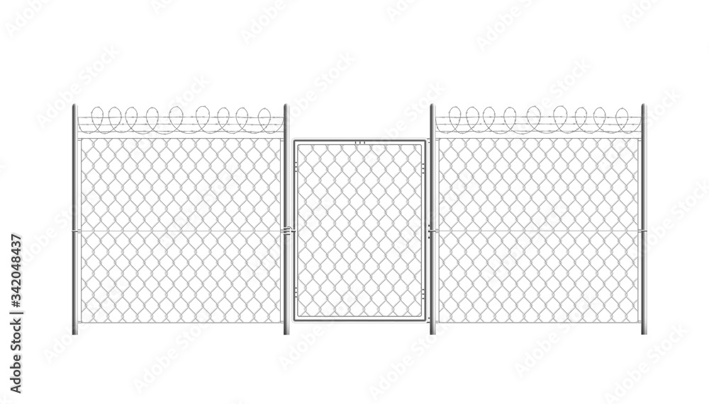 Part of prison wire fence with gate, 3d realistic vector illustration isolated.