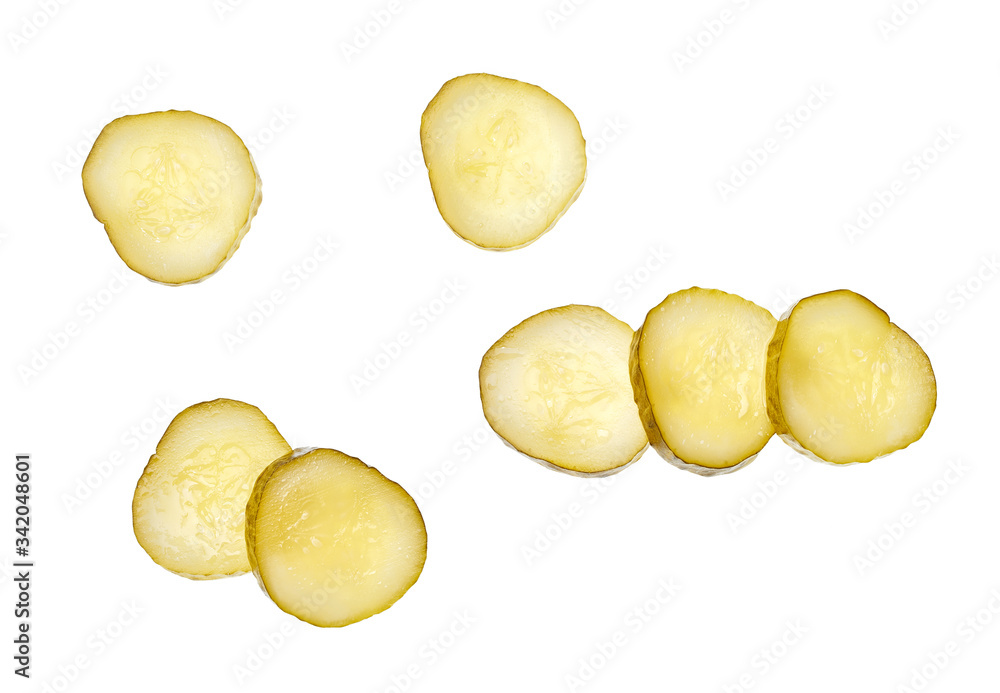 Sliced pickled cucumber isolated on white background , top view. Sliced pickled cucumber isolated on white background , top view.