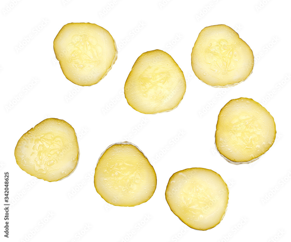 Sliced pickled cucumber isolated on white background , top view. Sliced pickled cucumber isolated on white background , top view.