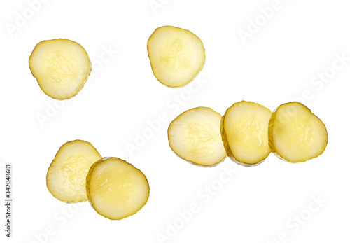 Sliced pickled cucumber   isolated on white background , top view.