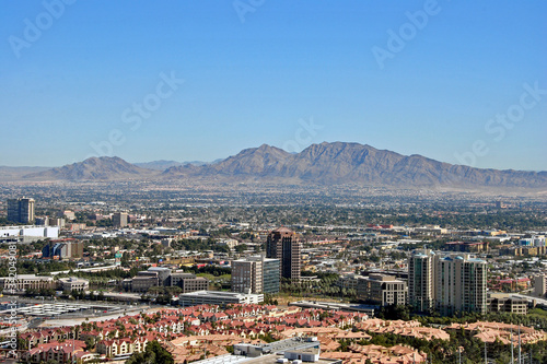 Las Vegas cityscape skyline seen from the Eiffel Tower at the Paris Hotel and Casino Nevada USA