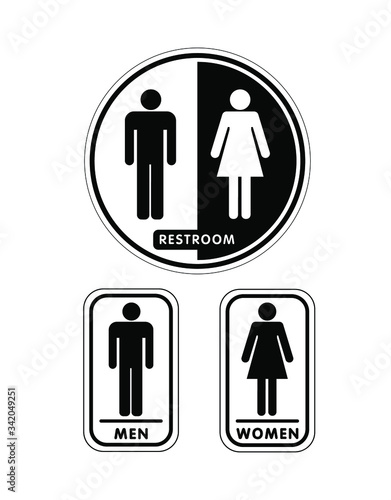 Black and white restroom icon, Male and Female Restroom Symbol Icon, Toilet Icon, lady and man toilet sign on white background