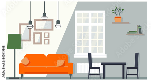 interior of the living room with a table, two chairs, a window, a floor lamp and chandeliers. Flat style design template.