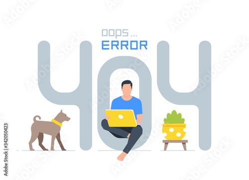 404 Error Page. Page Not Found Error 404. Guy sitting near big symbol 404. Flat Style. isolated on white background