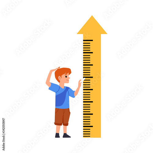 Child standing near height measuring arrow, flat vector illustration isolated.