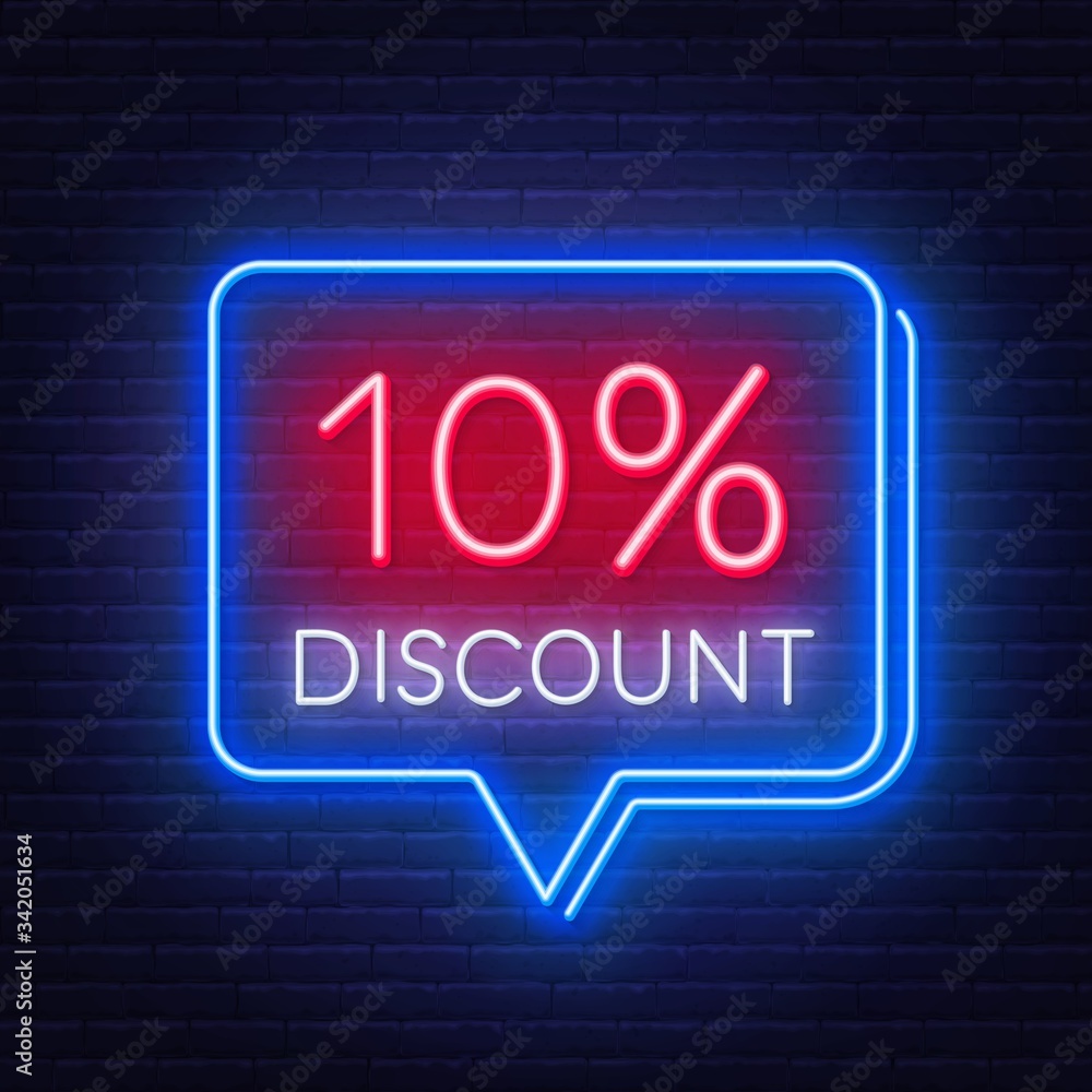 10 percent discount neon sign on brick wall background. Vector illustration