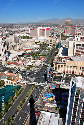 Las Vegas The Strip cityscape skyline seen from the Eiffel Tower at the Paris Hotel and Casino Nevada USA photo