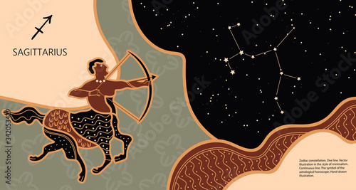 Zodiac background. Constellation Sagittarius. Horizontal banner. Vector illustration