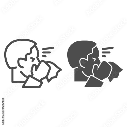 Man with runny nose hold napkin line and solid icon. Sick person sneezing symbol, outline style pictogram on white background. Coronavirus symptoms sign mobile concept and web design. Vector graphics.