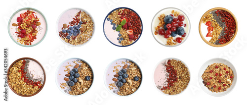 Set of different granola breakfasts with berries on white background, top view. Banner design © New Africa