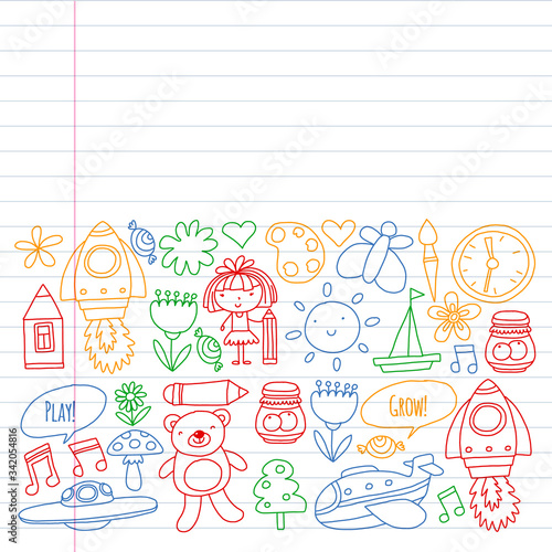 Online education for toddlers. Lessons for children in internet. Vector pattern for kindergarten banners, posters with moon, planet, spaceship, rocket, sun, fruits, house, flowers.
