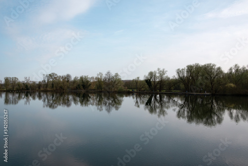 Spiegelung der Bäume am Leinpfad mit Blick über die Ruhr, Winter in Mülheim an der Ruhr