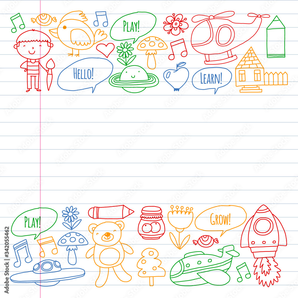 Online education for toddlers. Lessons for children in internet. Vector pattern for kindergarten banners, posters with moon, planet, spaceship, rocket, sun, fruits, house, flowers. Online education for toddlers. Lessons for children in internet. Vector pattern for kindergarten banners, posters with moon, planet, spaceship, rocket, sun, fruits, house, flowers.