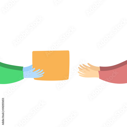 Food donation box give from hand to hand vector. Hands giving box. Delivery of the product during quarantine.Food delivery. from a supermarket with groceries