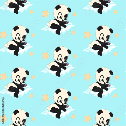 Fototapeta Naklejka Na Ścianę i Meble -  Cute playing baby panda with stars. Unique sweet animal. Panda bear night illustration elements isolated on white perfect for print and all kinds of children design.
