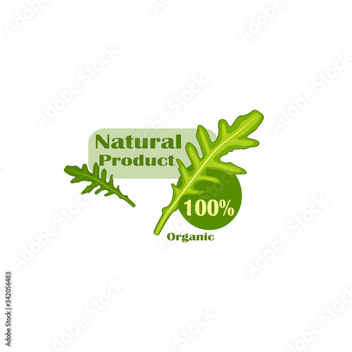 Beautiful, color - flat vector logo natural product with arugula isolated.  Organic and vegan food logo