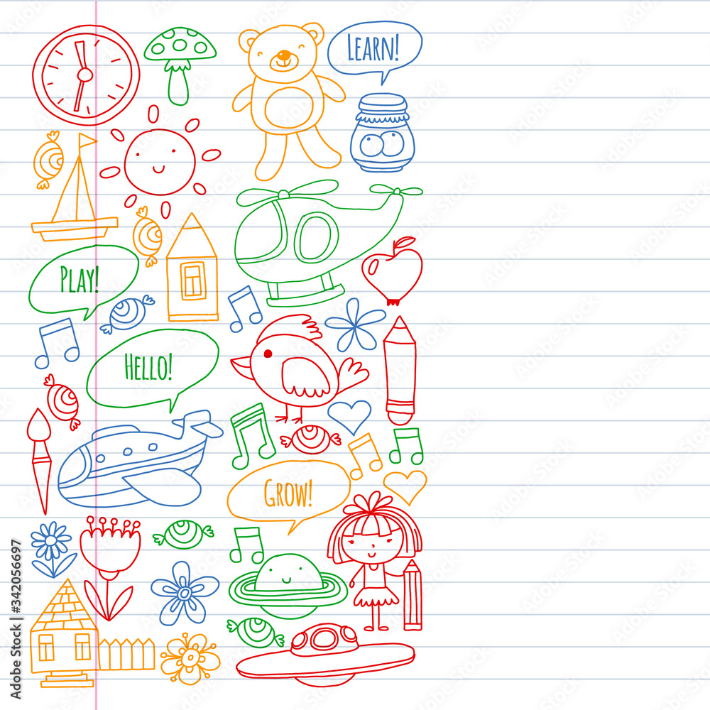 Online education for toddlers. Lessons for children in internet. Vector pattern for kindergarten banners, posters with moon, planet, spaceship, rocket, sun, fruits, house, flowers. Online education for toddlers. Lessons for children in internet. Vector pattern for kindergarten banners, posters with moon, planet, spaceship, rocket, sun, fruits, house, flowers.