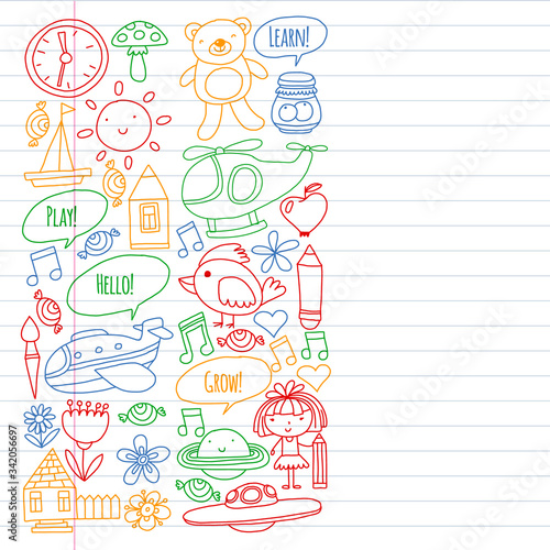 Online education for toddlers. Lessons for children in internet. Vector pattern for kindergarten banners, posters with moon, planet, spaceship, rocket, sun, fruits, house, flowers.