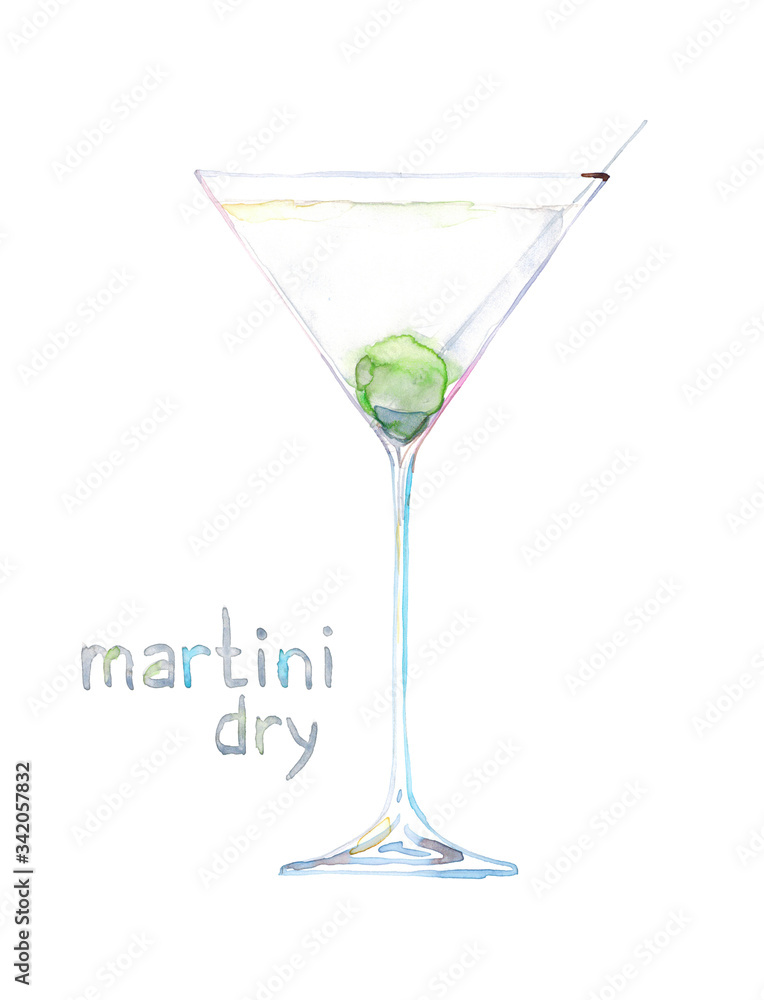 Watercolor hand drawn sketch illustration of cocktail martini dry with lettering isolated on white