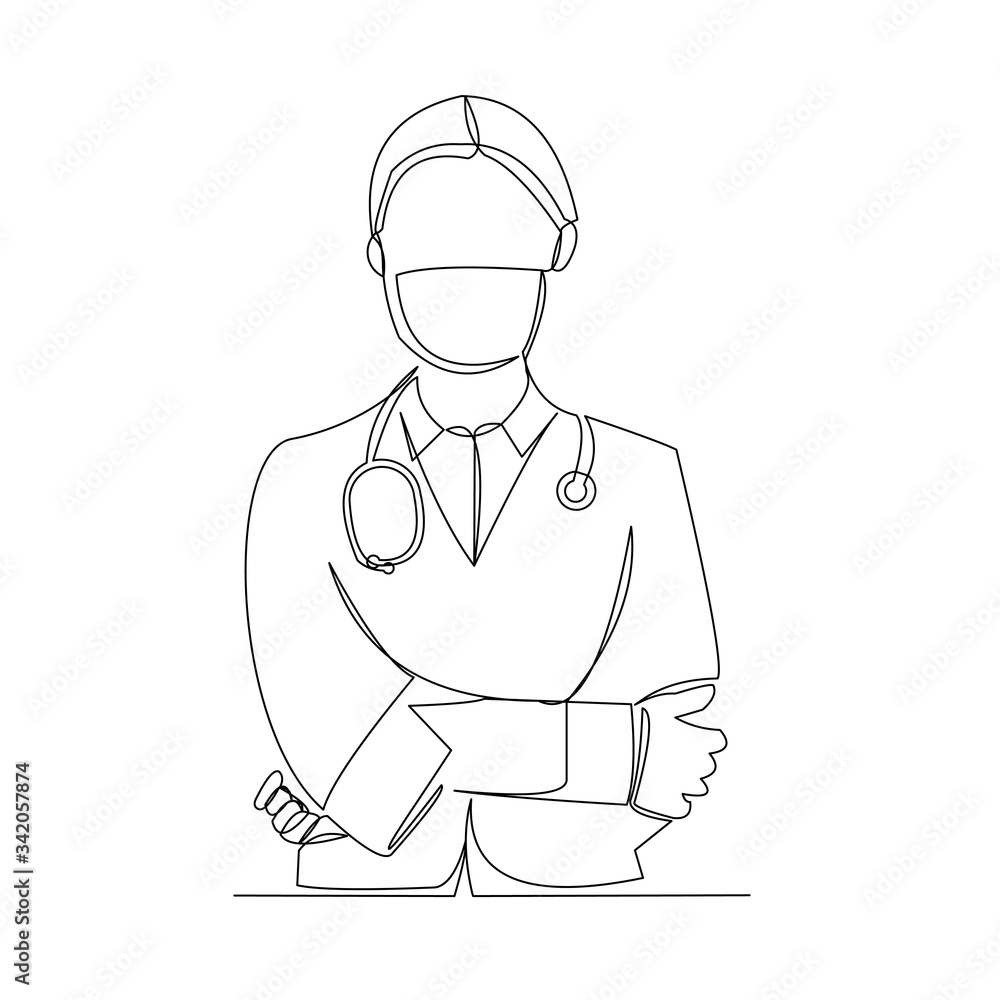 Continuous line drawing of women doctor wearing surgical mask to protect disease, flu, air pollution, pandemic, virus. Vector illustration.