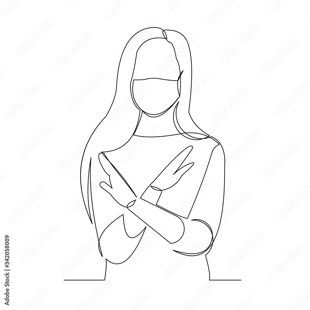 Continuous line drawing of women wearing surgical mask and stop gesture with hand to protect disease, flu, air pollution, pandemic, virus. Vector illustration. Continuous line drawing of women wearing surgical mask and stop gesture with hand to protect disease, flu, air pollution, pandemic, virus. Vector illustration.