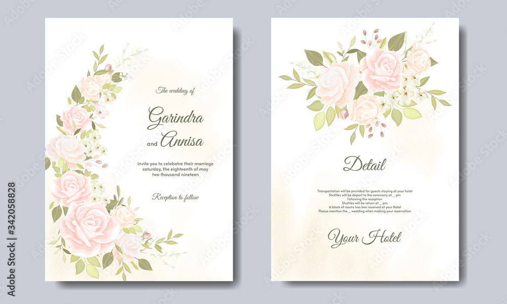 Elegant wedding card with beautiful floral and leaves template premium vector Premium Vecto