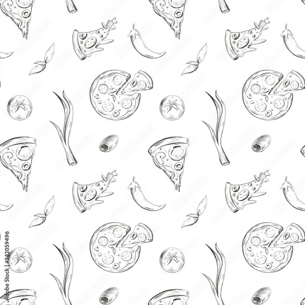 Pizza seamless doodle sketch pattren on a white background. Print for banners, wrapping paper, posters, cards, invitations, fabrics, cafes, menus, restaurants, web design.