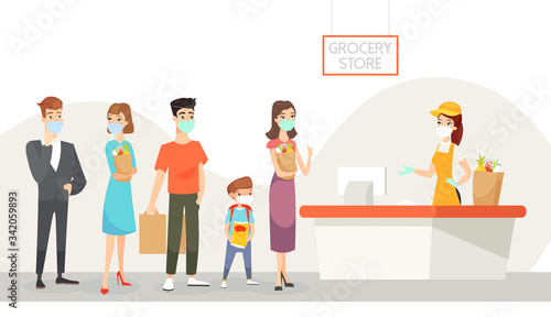 Vector illustration of people wearing masks staying in line in grocery shop. Shopping during quarantine, keep distance, selfcare concept. Coronavirus epidemic and healthcare, cartoon characters