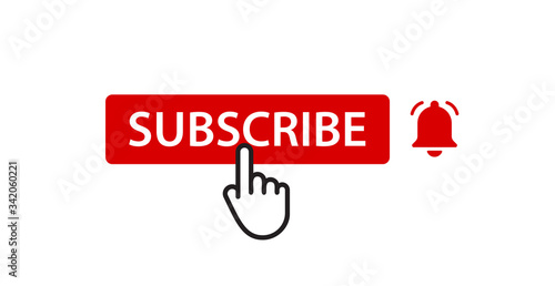 Subscribtion button with notification bell and click finger icon, isolated vector design element on white background for web interface.