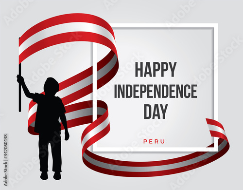 The illustration of an Peruvian child who is waving the Peru flag on the white background - Happy independience day