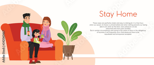 Vector illustration of sick family staying together at home. Cute family with sickness symptoms sitting on the couch. Parents and kid having flu, web template in flat cartoon style