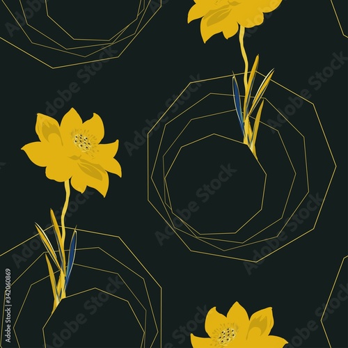 Seamless vector pattern with lotus flowers and inflorescences and geometric shapes on a white background. Abstract square pattern for fabric, wallpaper and design