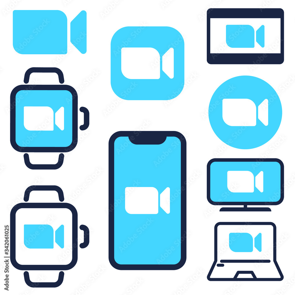 Blue camera icon - Live media streaming application for the phone, conference video calls with several people at the same time vector icon. Blue camera icon - Live media streaming application for the phone, conference video calls with several people at the same time vector icon.