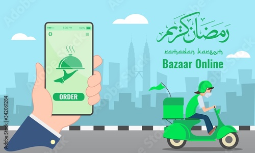 Illustration of bazaar online concept via smartphone during ramadan. Arabic text translation - bless the month of ramadan. Ramadan is the fasting month for muslim. Food delivery services