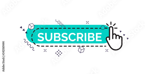 Subscribe button with finger and memphis design elements, creative art button for social media channel, web vector icon.