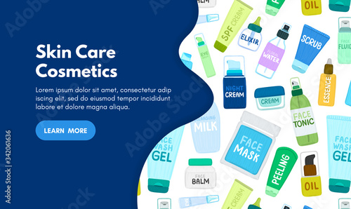 Organic or natural cosmetics. Many jars and bottles with cosmetic names. Facial skin care. Online store. Landing page template. Background is for banner, header, advertising, mailing list. Vector