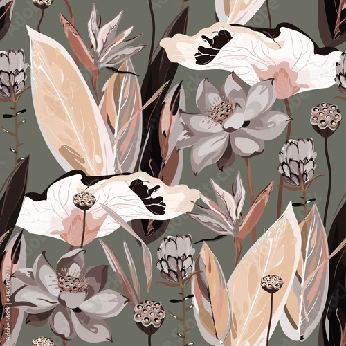 Large flowers, inflorescences, buds and lotus leaves, Strelitzia and Proteus on a light beige, cream background. Vector seamless floral illustration. Square repeating design template for fabric