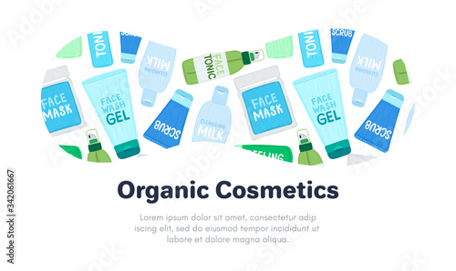Organic or natural cosmetics. Many jars and bottles with cosmetic names. Facial skin care. Online store. Landing page template. Background is for banner, header, advertising, mailing list. Vector