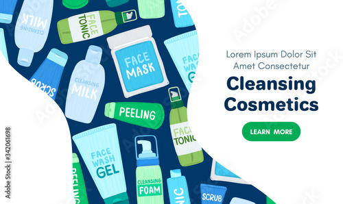 Organic or natural cosmetics. Many jars and bottles with cosmetic names. Facial skin care. Online store. Landing page template. Background is for banner, header, advertising, mailing list. Vector