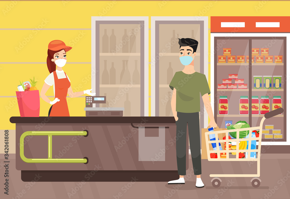 Vector illustration of man in mask in supermarket. People wearing masks during shopping in grocery shop. Quarantine time, healthcare and self protection concept in flat cartoon style Vector illustration of man in mask in supermarket. People wearing masks during shopping in grocery shop. Quarantine time, healthcare and self protection concept in flat cartoon style
